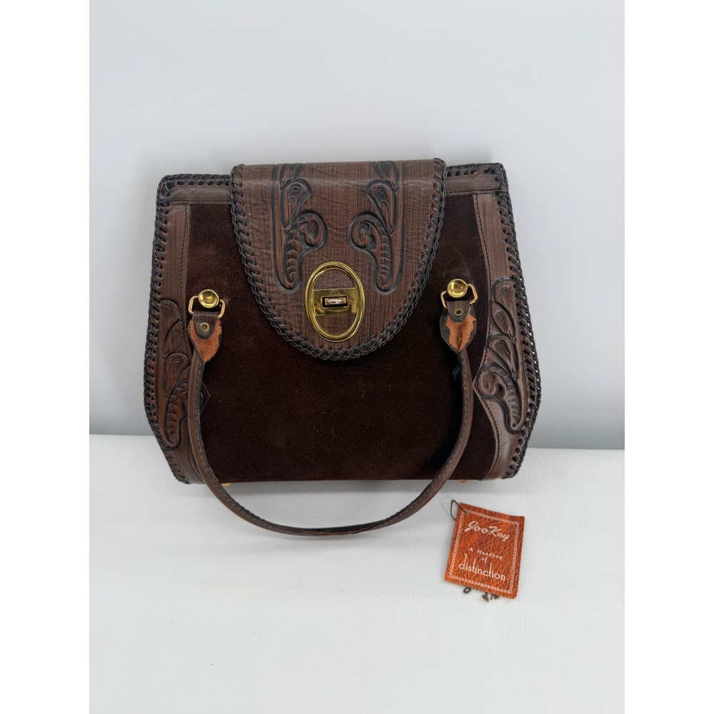 JooKay Tooled Leather Suede Handbag Brown Western Whipstitch Boho